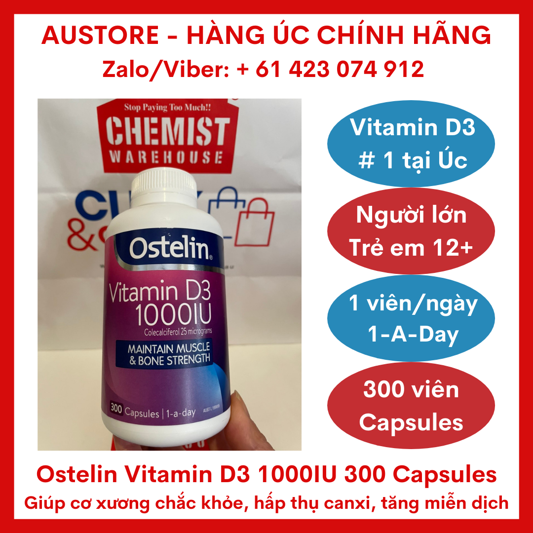 Ostelin Vitamin D3 1000IU, Calcium & Vitamin D3 300 Capsules - Viên uống bổ sung vitamin D Ostelin của Úc cho người lớn & trẻ em trên 12 tuổi