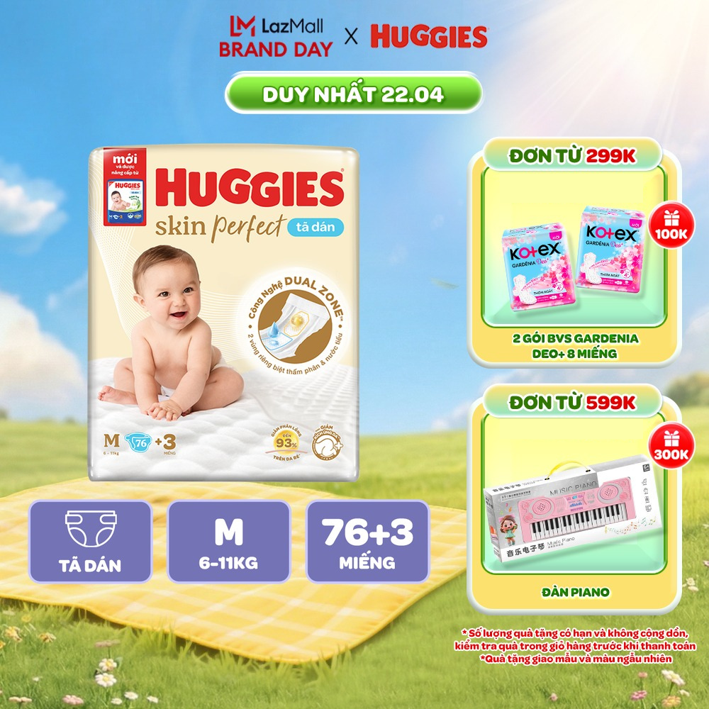 Tã/Bỉm Dán Sơ sinh Huggies Skincare Super Jumbo M76+3/L68/XL60/XXL54 Với 2 Vùng Thấm Giảm Kích Ứng Da