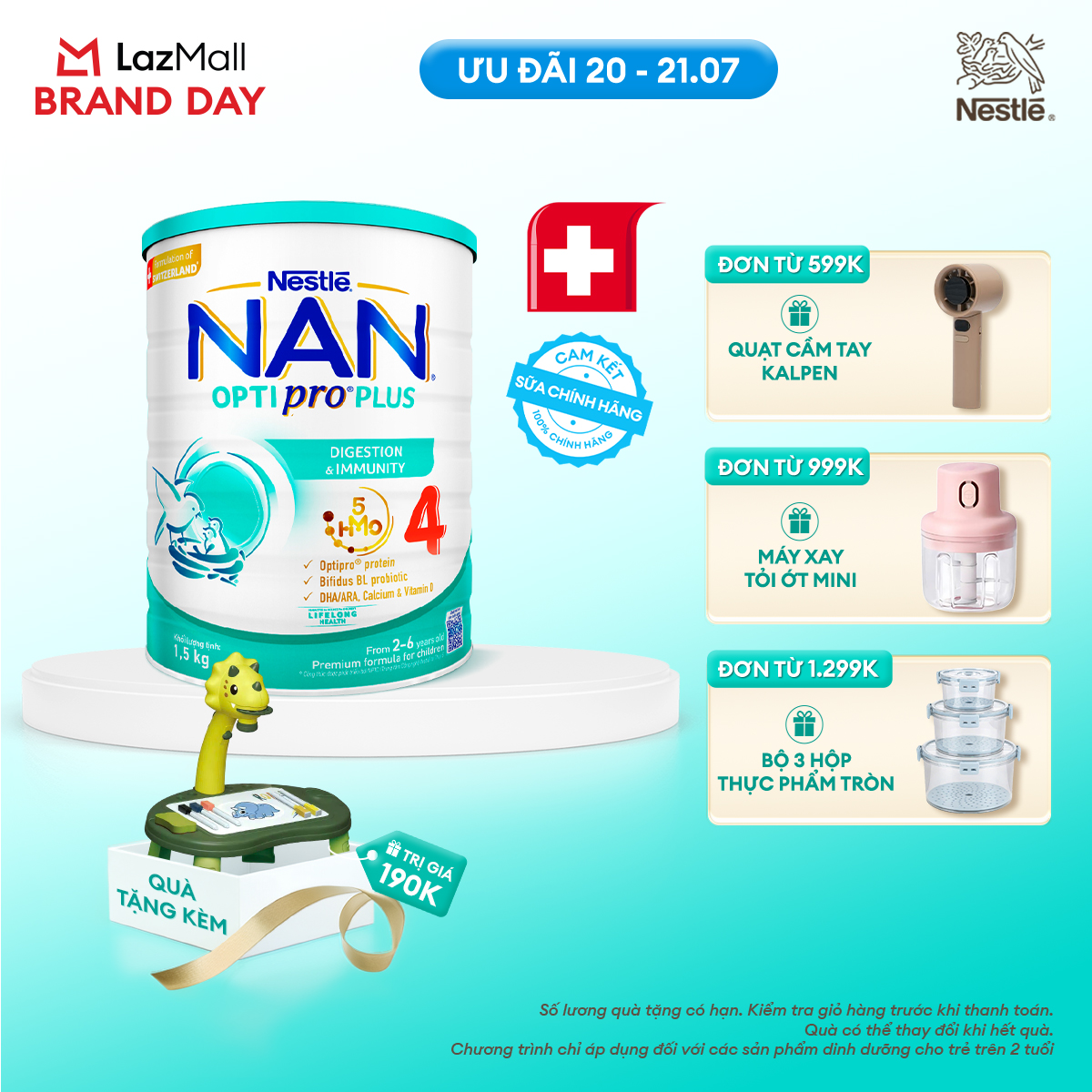 [CHỈ 20-21.07 QT ĐƠN 599K/999K/1299K][Tặng Đồ chơi kèm đèn chiếu hoạt hình] Sữa bột Nestlé NAN OPTIPRO PLUS 4 1500g/lon với 5HMO Giúp tiêu hóa tốt
