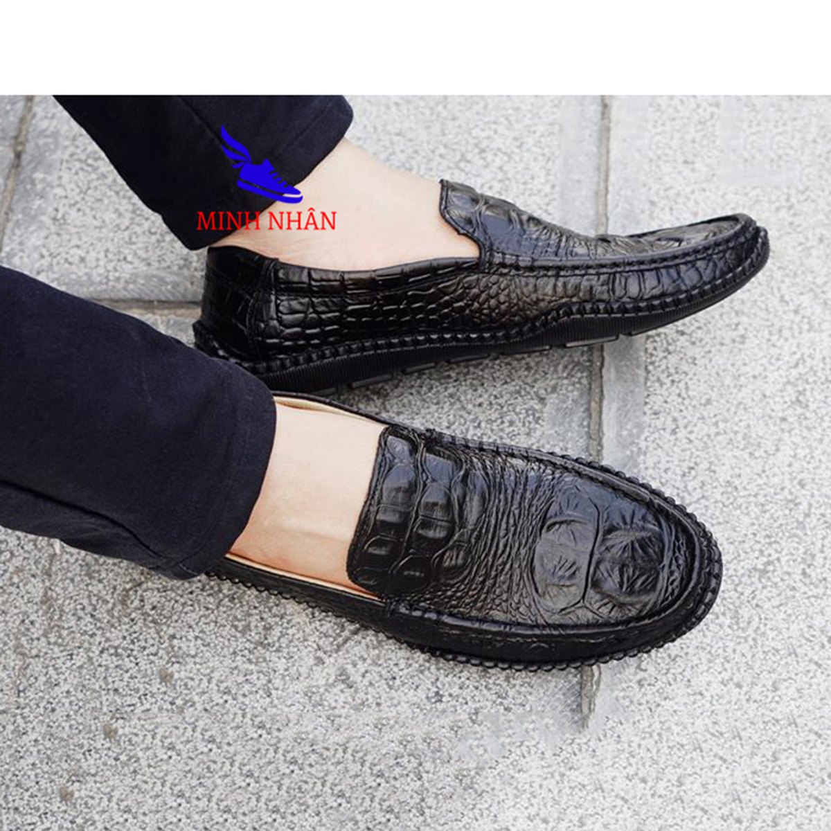  Giày xỏ nam da bò đẹp cao cấp Giày mọi nam da bò Giày lười nam giày Công sở Da Bò In Vân Cá Sấu Độc Da Đế bệt Siêu mềm thời trang thương hiệu phong cách Hàn Quốc M-11 màu đen 03 