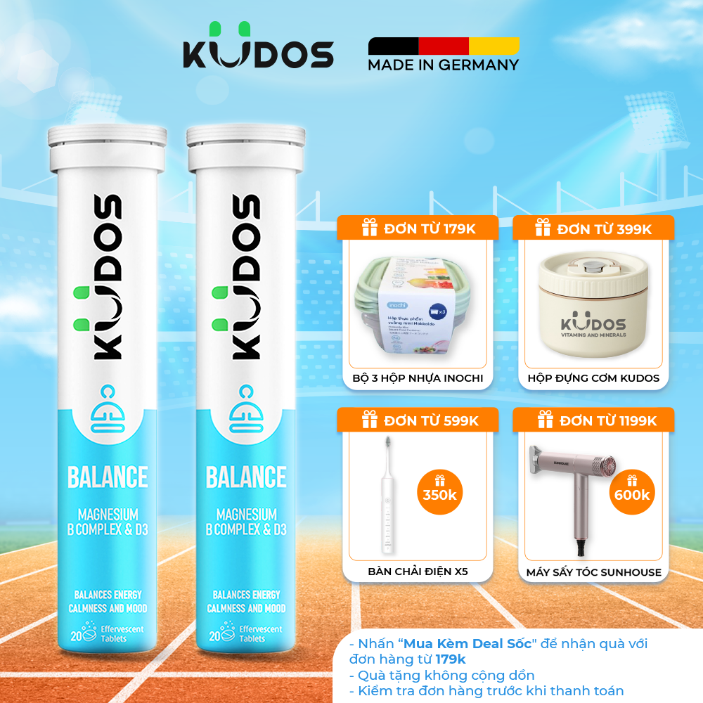 Combo 2 Tuýp Viên sủi KUDOS BALANCE bổ sung Vitamin B + Magnesi hỗ trợ giảm stress, ngủ ngon, tinh thần thoải mái