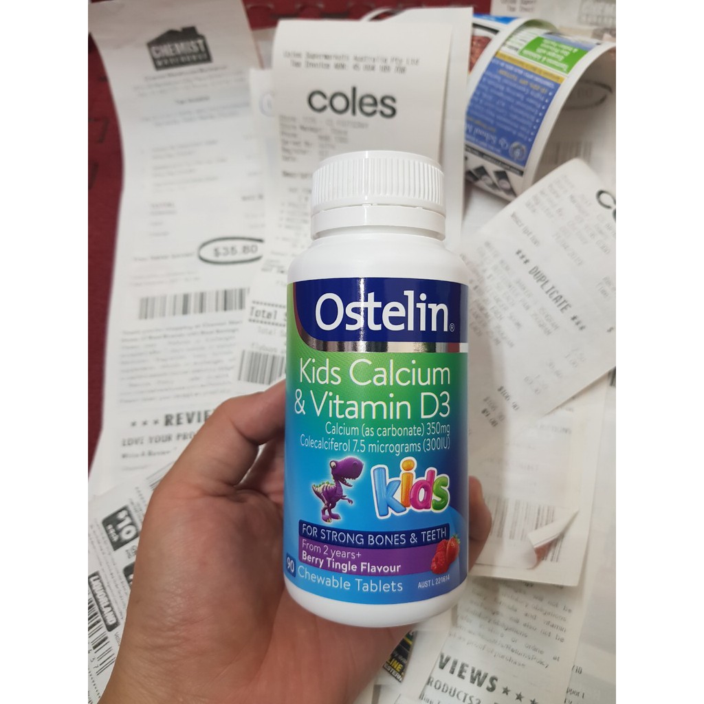 Vitamin d và calcium ostelin kids khủng long cho bé từ 2-13 tuổi của úc, 90 viên