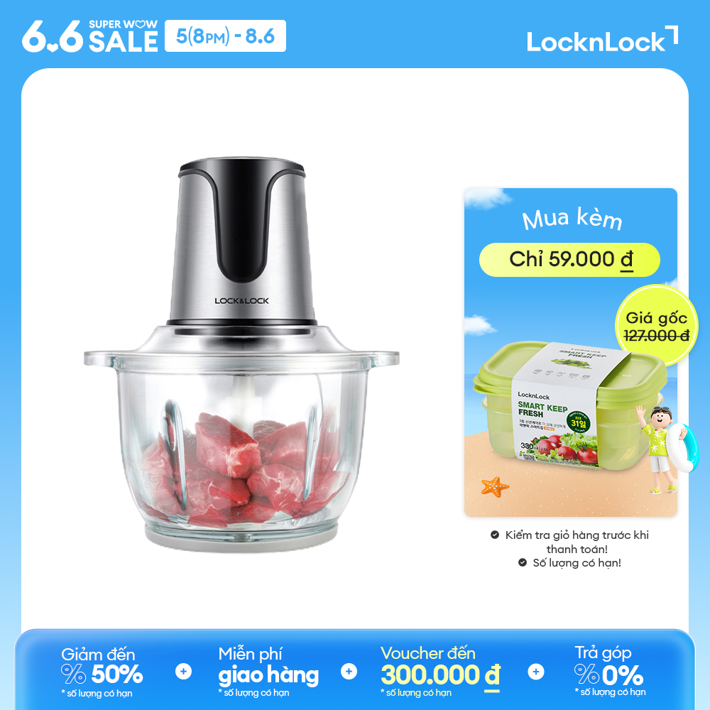 EJM171 - Máy xay thịt đa năng LockLock 2L 300W - Cối thủy tinh, Lưỡi dao kép thép không gỉ, 2 cấp độ xay - chính hãng - Bảo hành 2 năm