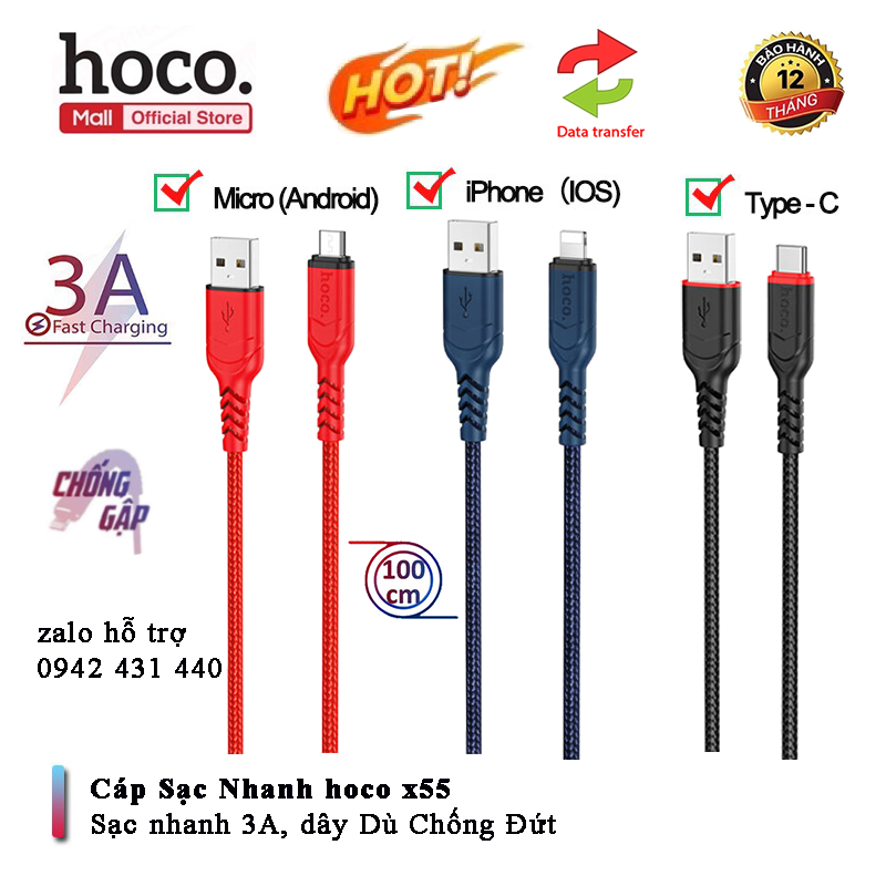 Dây Sạc Nhanh Hoco X59💎Dây Dù+Chống Đứt💎Cáp Sạc Nhanh 2.4A/3A Hỗ Trợ Truyền Dữ Liệu Cho Iphone/ Micro USB/ Type-C