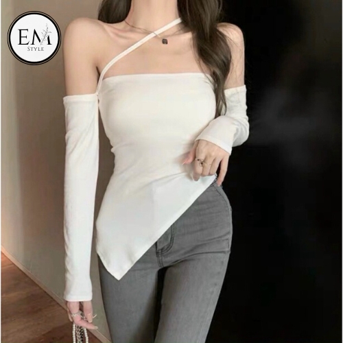 Áo thun tay dài bẹt vai phối dây chéo áo kiểu nữ em style