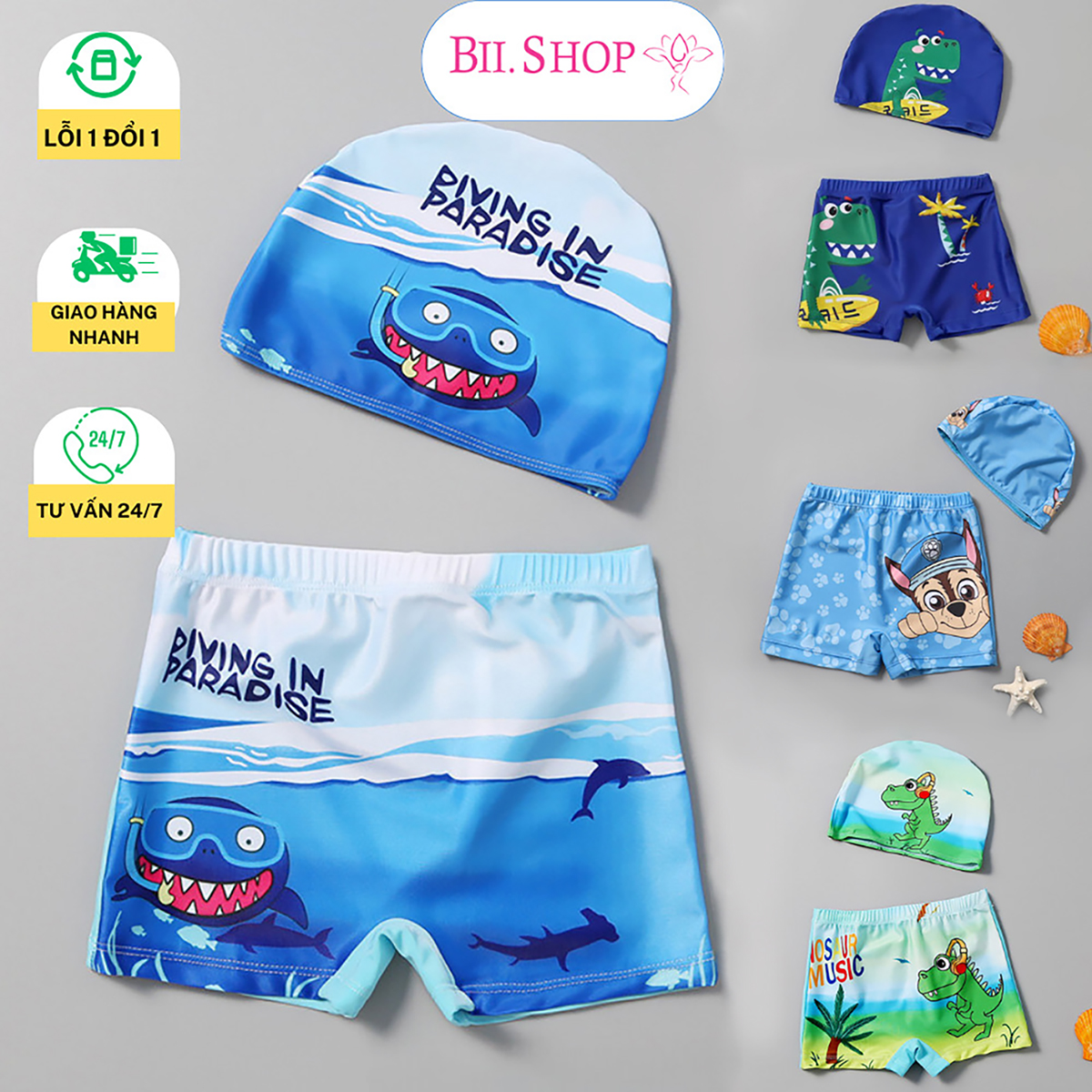 Đồ bơi trẻ em, quần bơi kèm mũ Bii.Shop chất liệu cao cấp, khủng long nhiều màu sắc, quần bơi cho bé trai, đồ bơi cho bé, mũ bơi cho bé