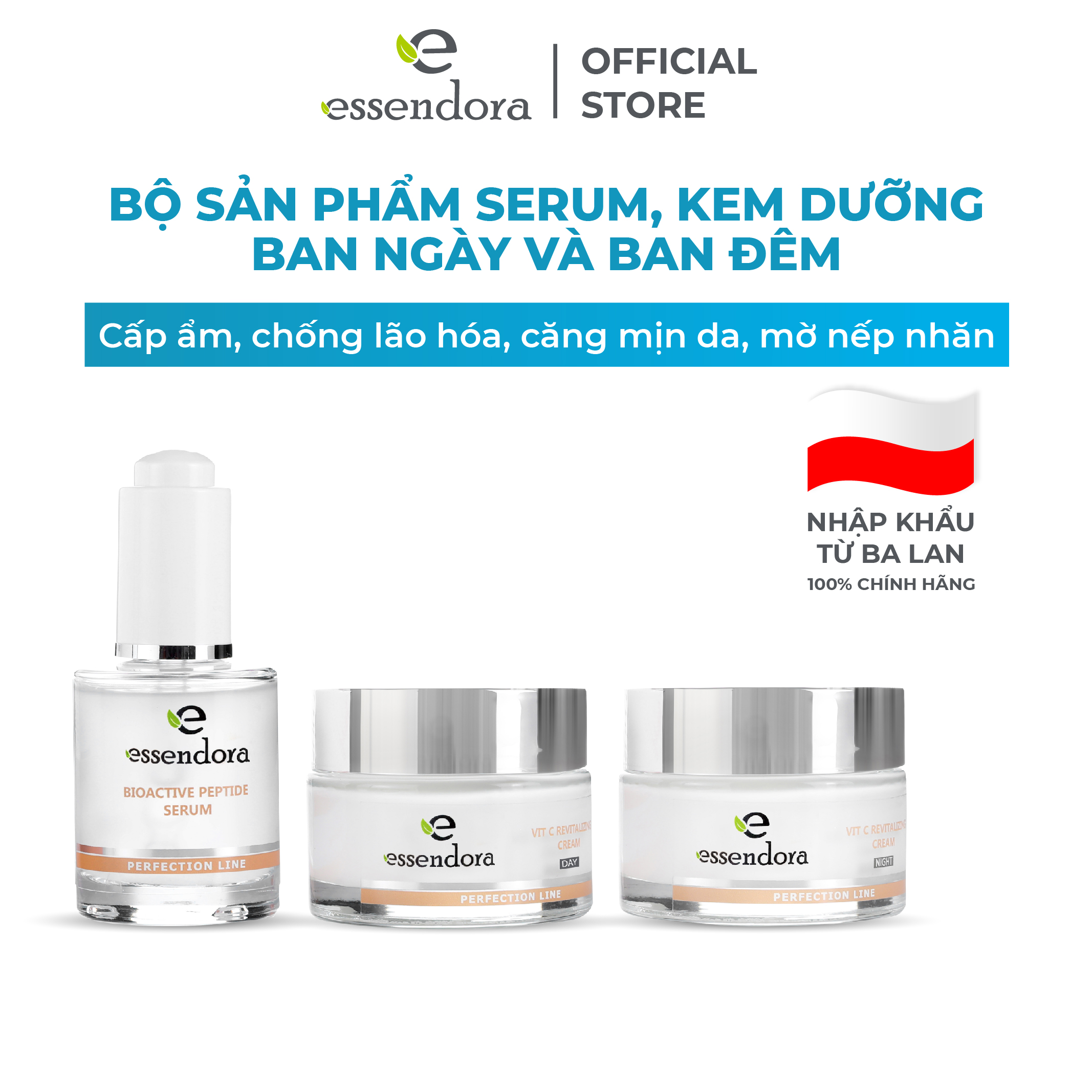 Bộ sản phẩm serum cùng kem dưỡng ngày và kem dưỡng đêm chống lão hóa, ngừa nám, cung cấp collagen, làm căng da Essendora