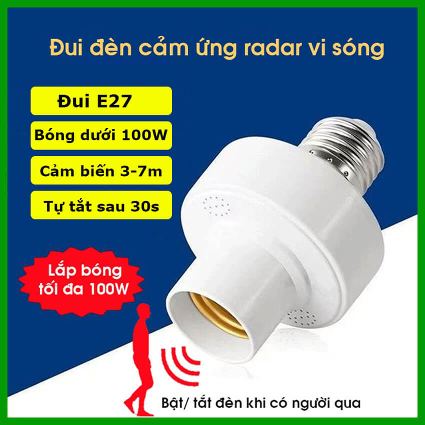 Đuôi đèn cảm biến chuyển động tự bật tắt E27, đui xoáy E27 cảm ứng chuyển động, đui đèn cảm ứng chuyển động tự sáng thông minh