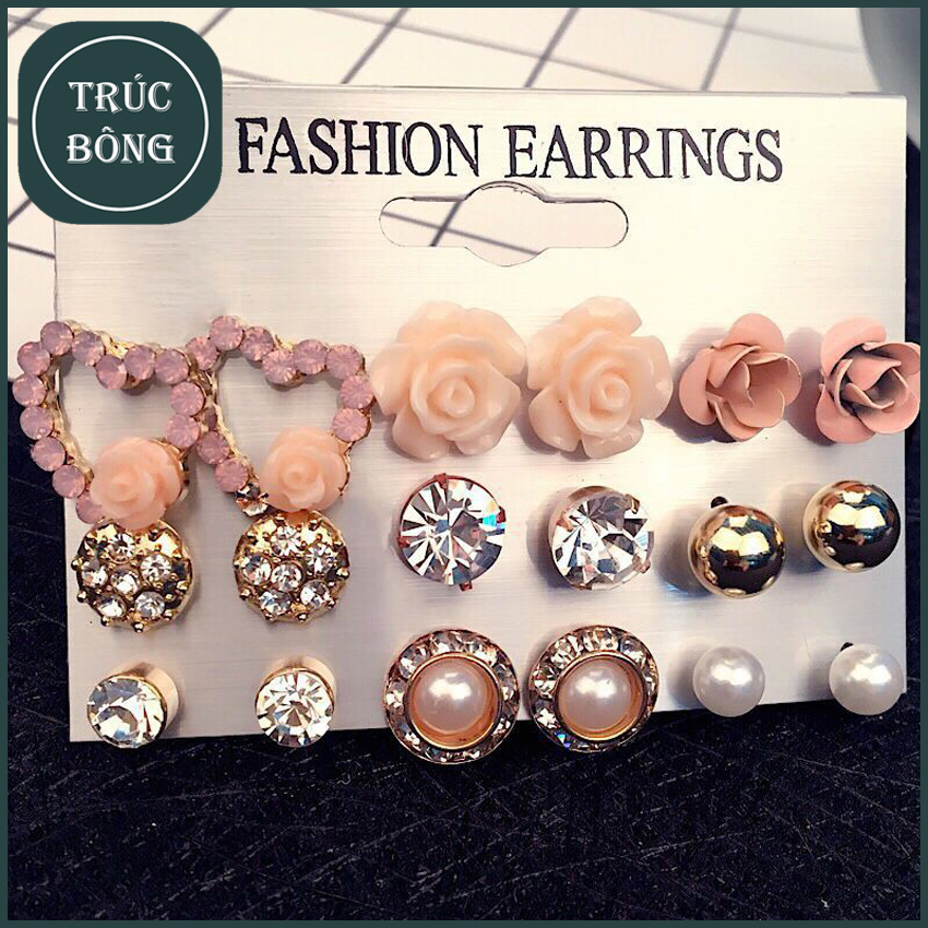 Bông tai - Set 9 đôi khuyên tai nữ dễ thương - bông tai cho nữ đa dạng - Trúc Bông khuyên tai