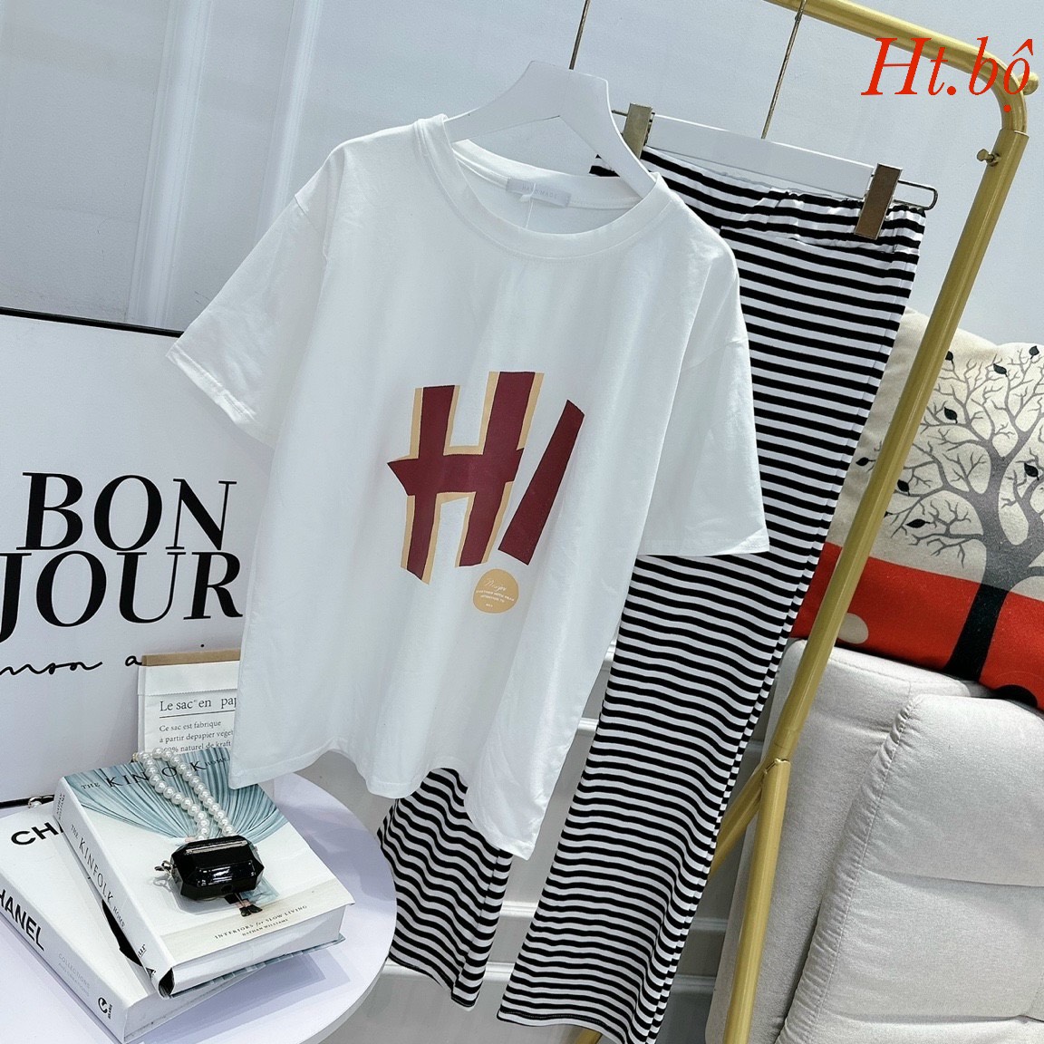 Sét bộ quần Áo thun nam, Sét bộ quần Áo thun nữ Sét áo HỊ quần loe kẻ , mau nâu , trắng, quần Áo cotton cực chất hót hót hóttren