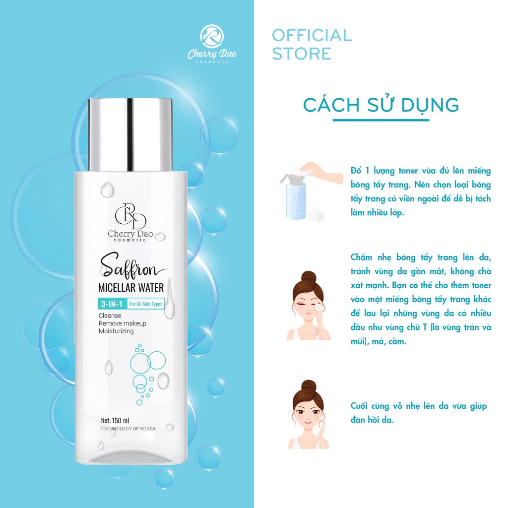 Nước tẩy trang Saffron Micellar Water CRD làm sạch sâu dưỡng ẩm trắng da ngăn ngừa mụn 150ML