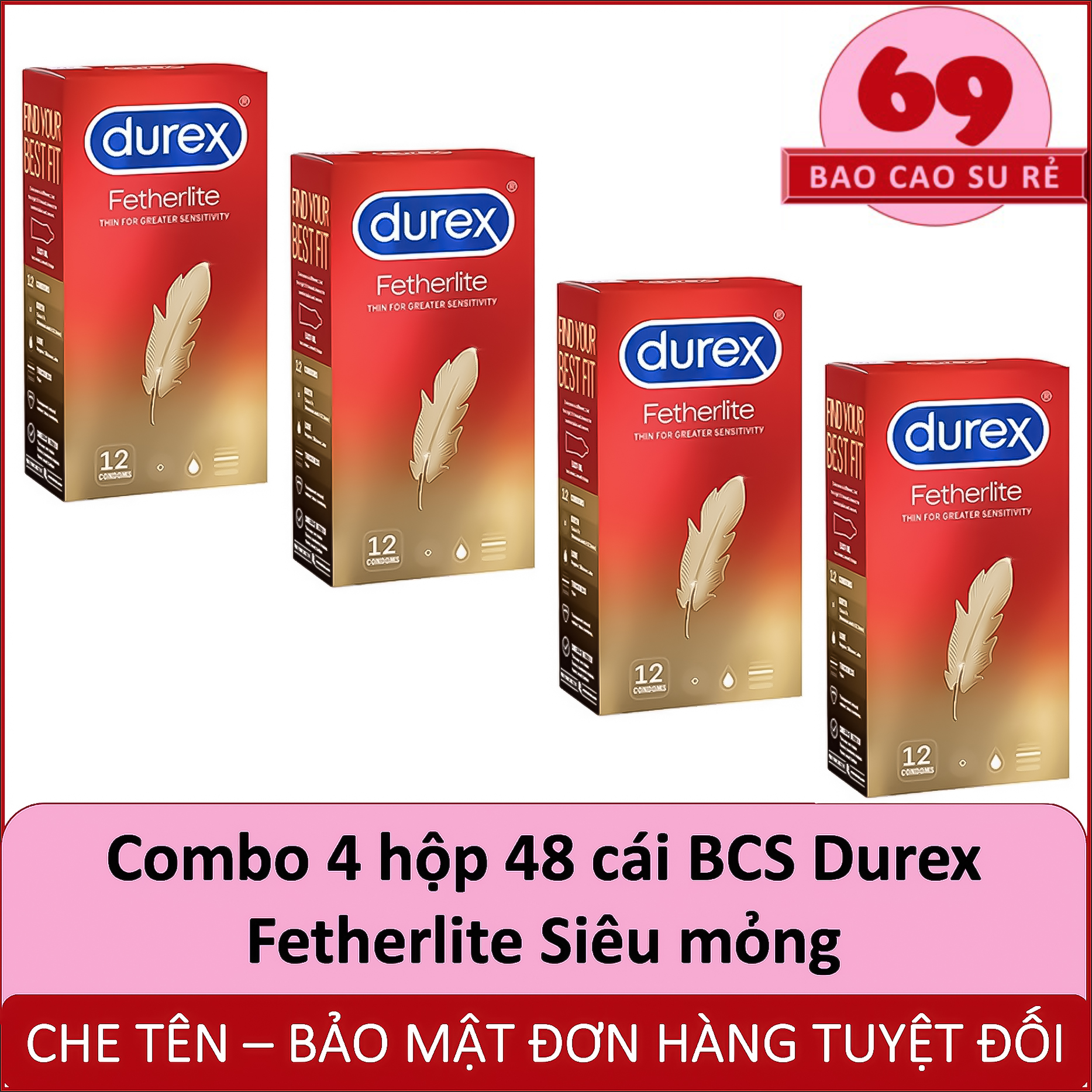 Combo 4 hộp 48 cái bao cao su siêu mỏng durex fetherlite