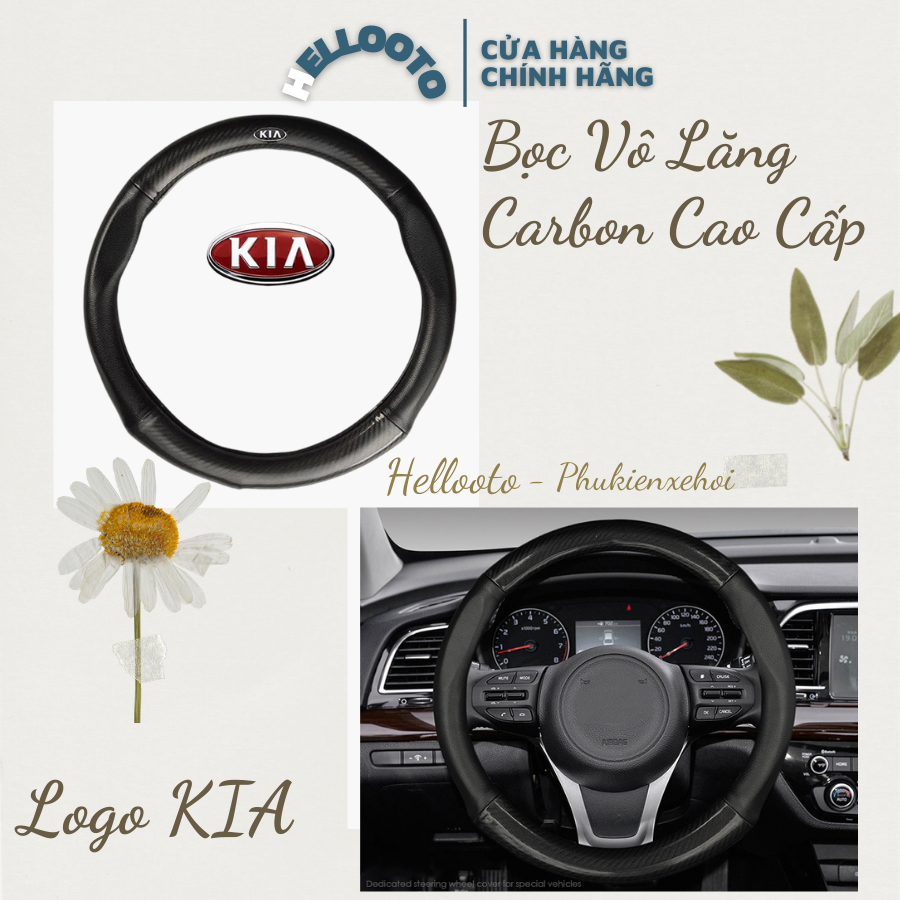 Bọc tay lái, bọc vô lăng carbon có logo KIA cho xe Kia Morning, Sorento, ,..Chất liệu da dày dặn, ôm vô lăng,bám tay cầm