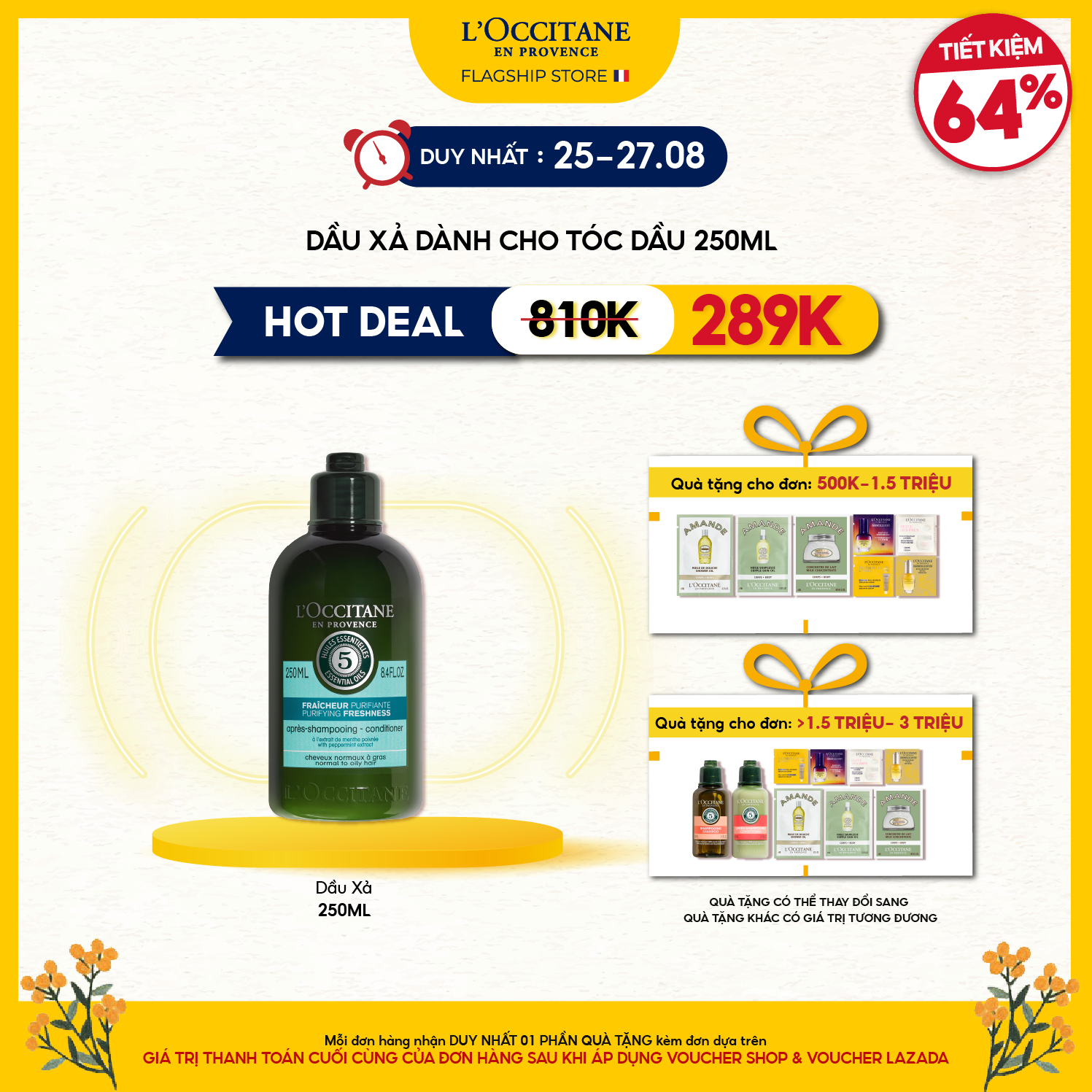 Dầu Gội - Dầu Xả Purifying Freshness Dành Cho Tóc Dầu L'Occitane  Aromachologie Purifying Freshness Shampoo 300ml & Conditioner 250ml