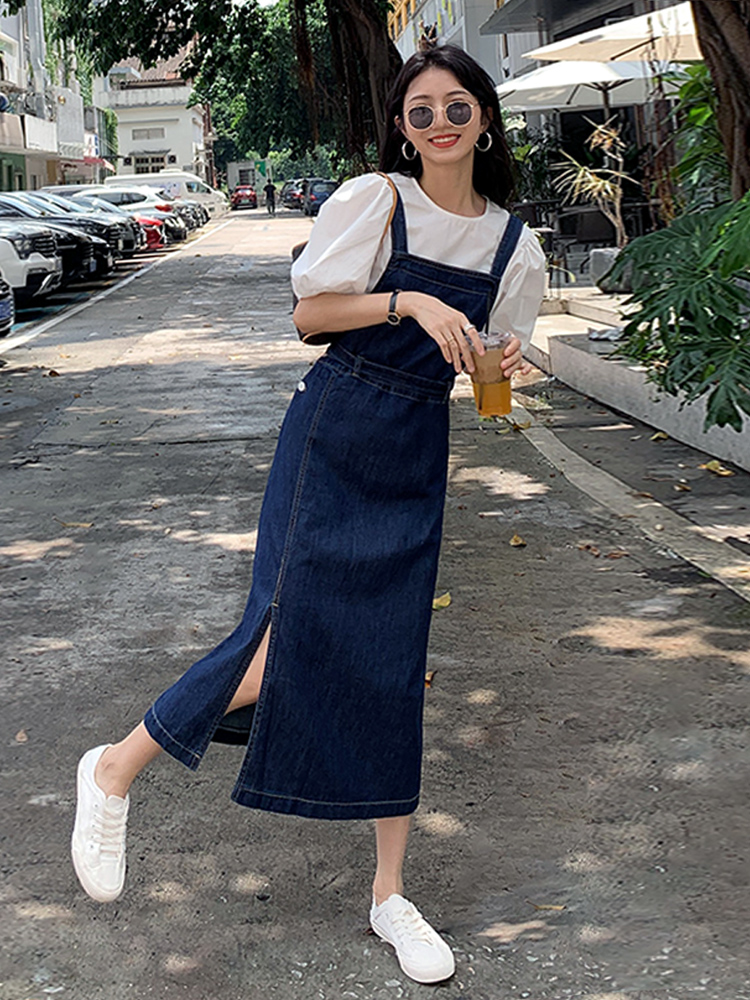 Váy yếm denim trơn dáng dài xẻ lệch siêu xinh