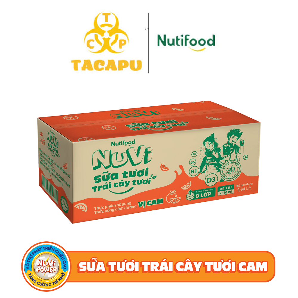 Thùng 24 túi NuVi Sữa tươi trái cây tươi hương Cam túi NuVi Power 110 ml TU.NCT110AZ - Thương Hiệu NUTIFOOD - TACAPU