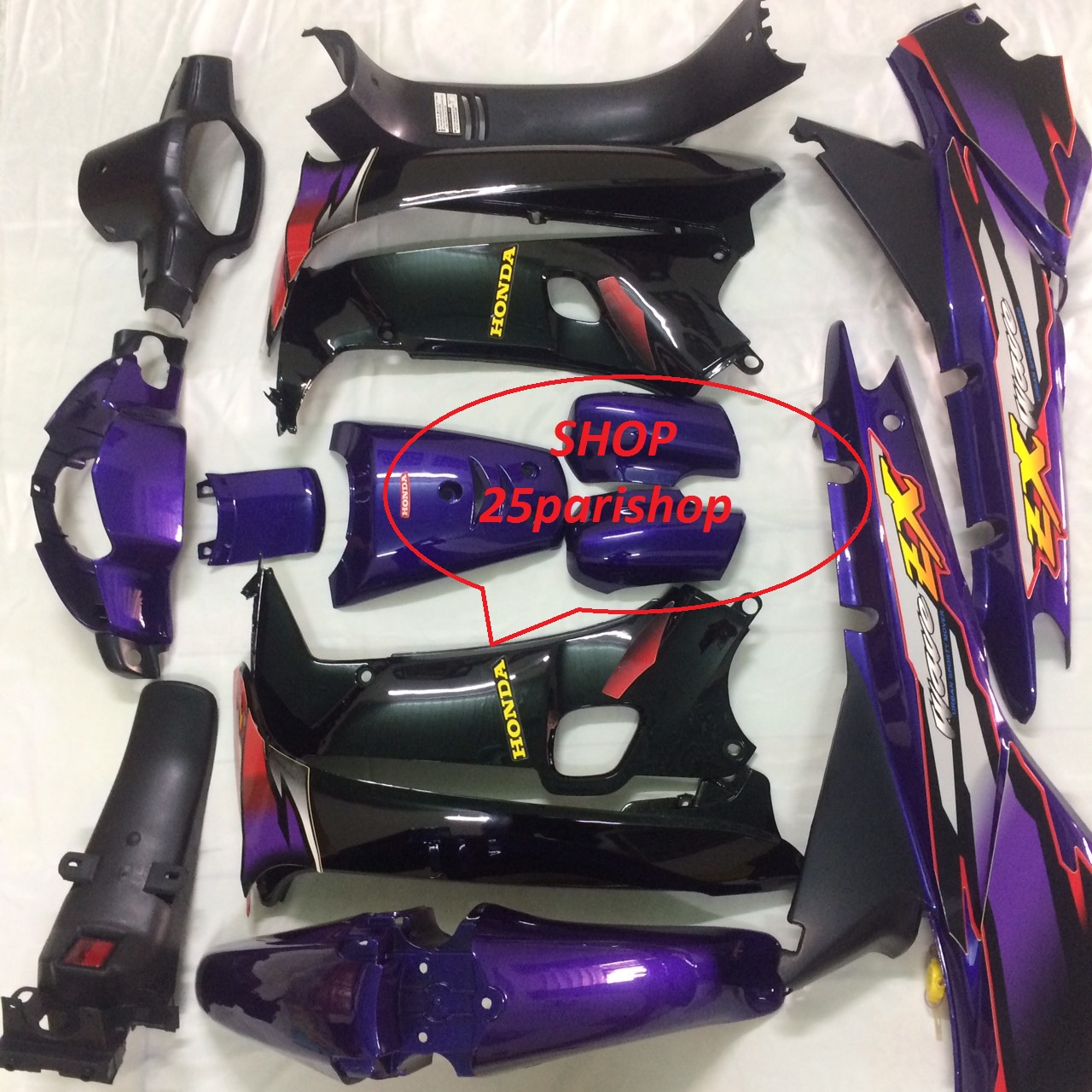 ( Tặng Tem ) Dàn áo xe Wave ZX - Wave công tử - wave alpha  đời 2000 - 2005 , màu Tím - nhựa trắng ABS LOẠI ĐẸP