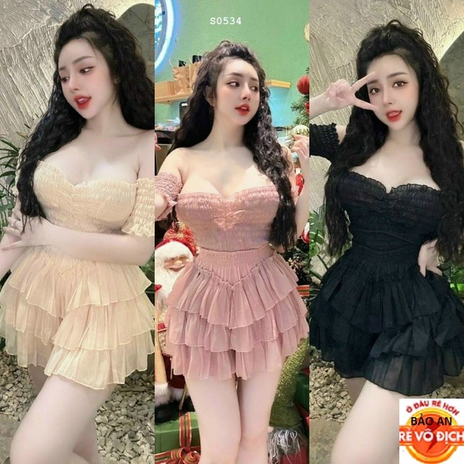 Sét bộ voan áo ống phối tay phối chân váy có quần trong