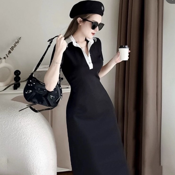 Váy midi dáng dài thun gân phối cổ polo