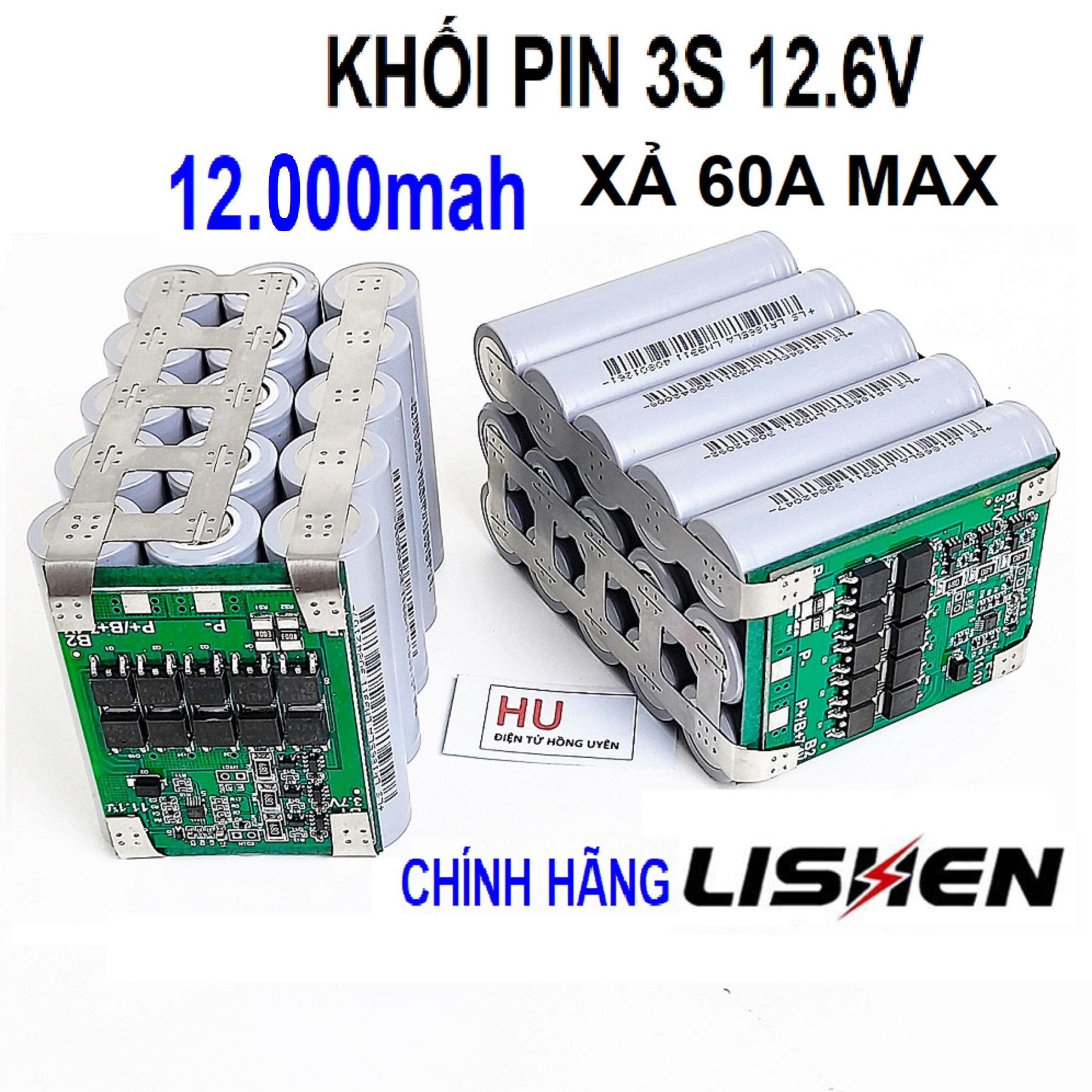 Bình acquy pin 12.6V-12AH-Xả 60A MAX. Khối pin 3S được đóng từ 15 cell chính hãng Lishen Xám MỚI + Mạch bảo vệ sạc xả cân bằng 3S 40A Sịn, bảo vệ bằng IC. thay bình acquy 12v