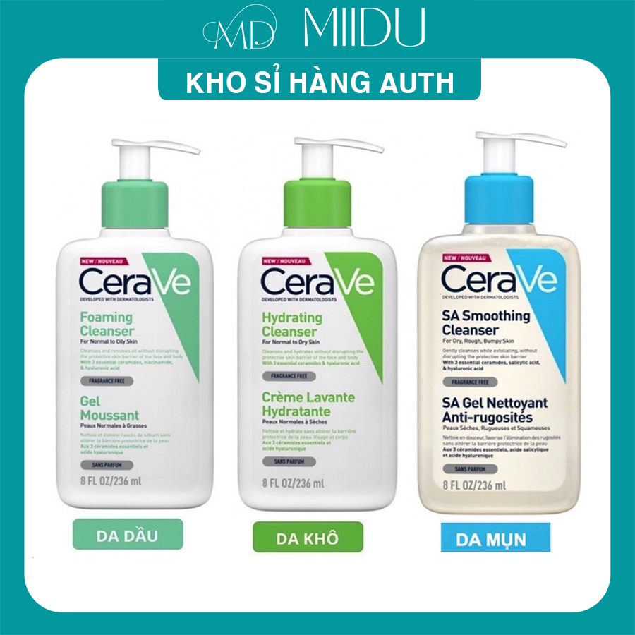 Sữa rửa mặt CERAVE Foaming, Hydrating, SA Smoothing Cleanser cho da dầu, khô, nhạy cảm 236ml