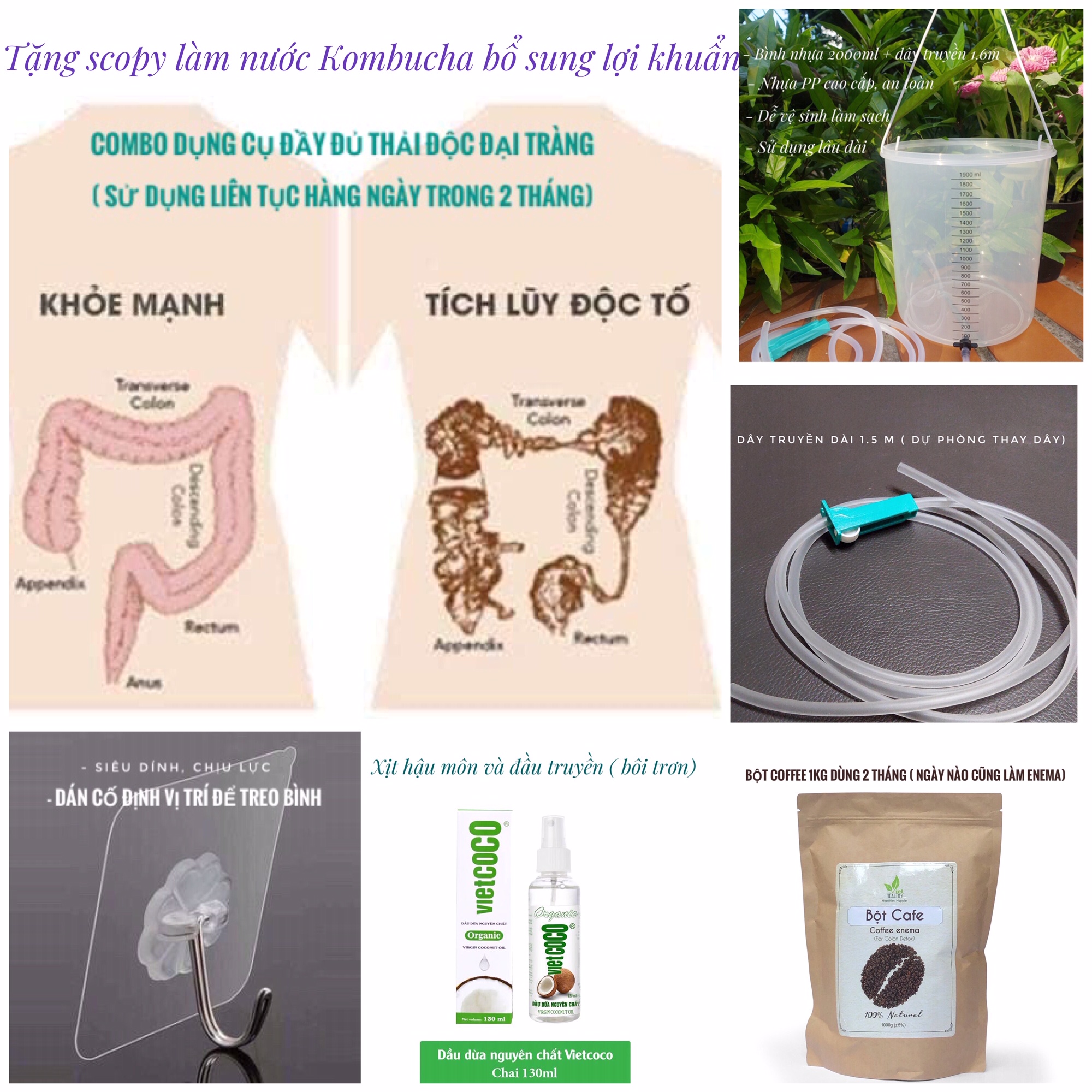 Combo thụt tháo đại tràng 2 tháng, Coffee enema, Enema, Thải độc cà phê, Thải độc đại tràng, Túi súc ruột, tặng scopy nuôi bổ sung lợi khẩn