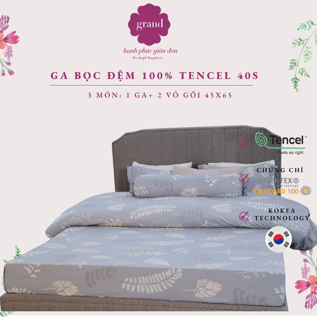 Bộ ga chun mỏng GRAND, 100% Lụa Tencel 40S tơ thiên nhiên mềm mại, họa tiết in hoa 3 món (1 ga+ 2 vỏ gối)