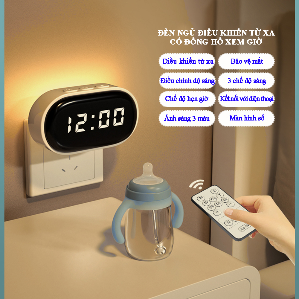 Đèn ngủ điều khiển từ xa có đồng hồ xem giờ với 3 chế độ sáng, ánh sáng có thể điều chỉnh tăng giảm với 3 màu sáng, đèn sáng dịu nhẹ bảo vệ mắt