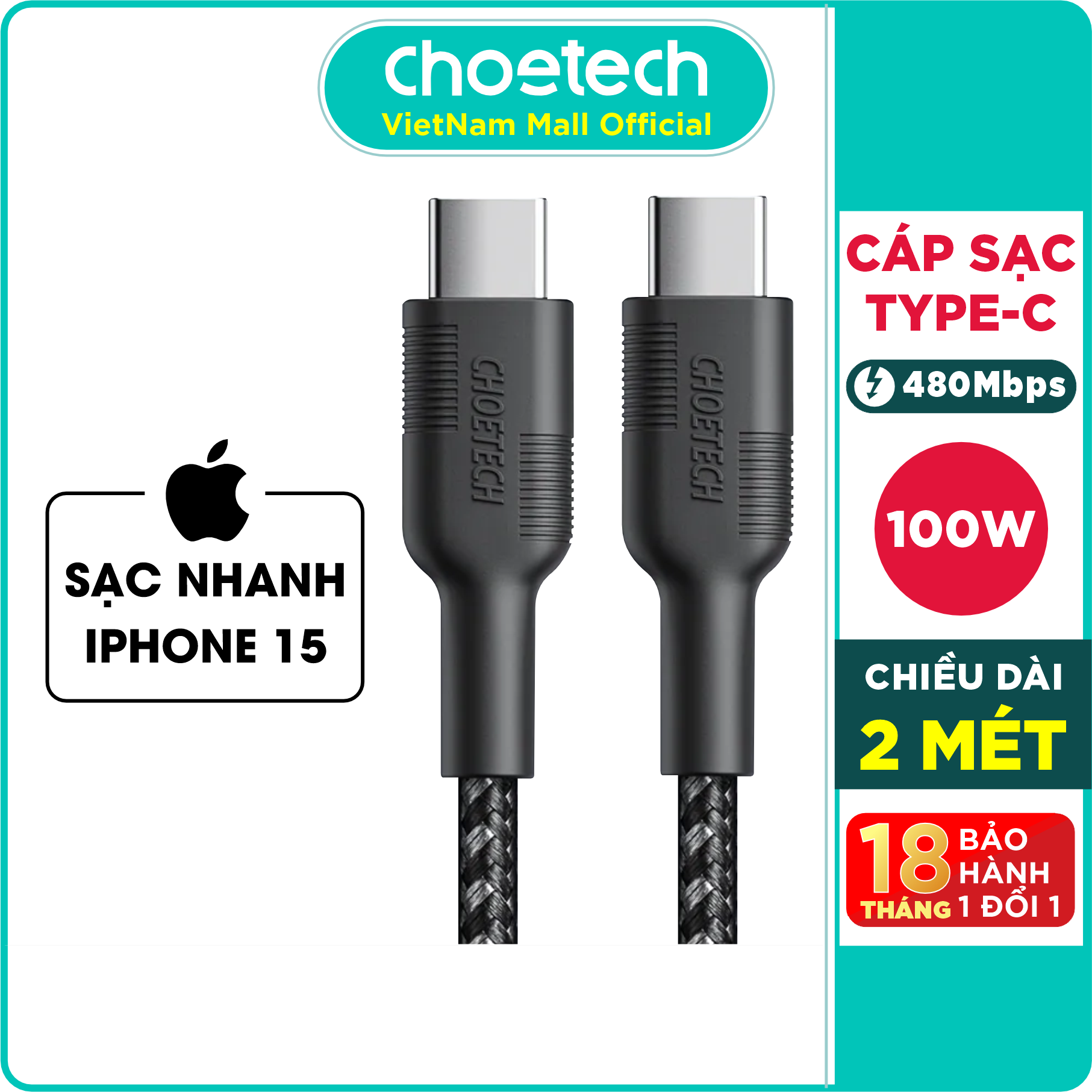 Dây cáp sạc type c to c 100w dài 2m choetech xcc-1027 sạc nhanh smartphone, tablet, macbook, laptop - hàng chính hãng
