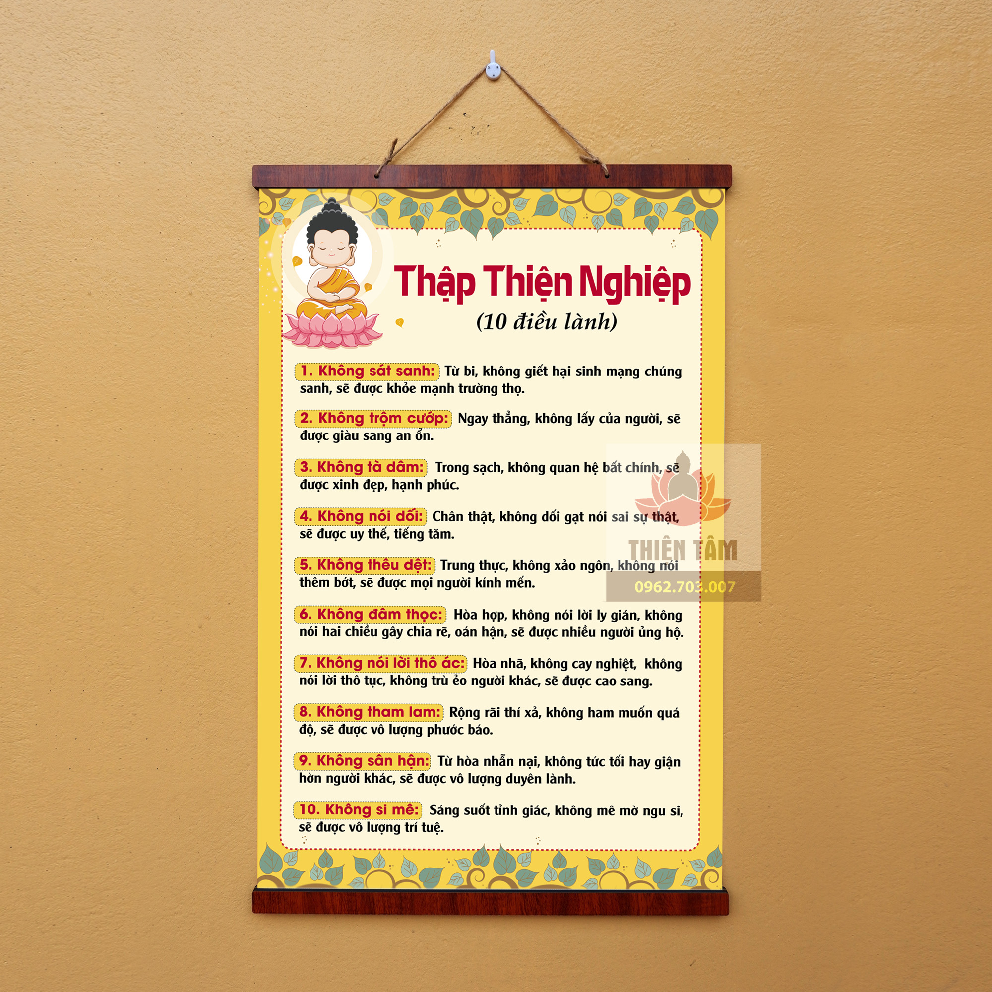 Tranh chữ Thập Thiện Nghiệp nẹp gỗ 40x60cm bằng vải phủ bóng cao cấp dày dặn