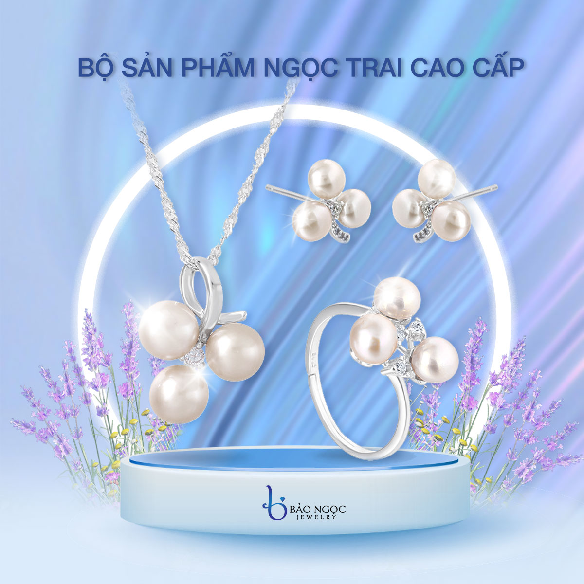 Bộ trang sức ngọc trai tự nhiên đính 3 hạt ngọc trẻ trung hạt ngọc trai màu trắng BNJ210 - Bảo Ngọc Jewelry