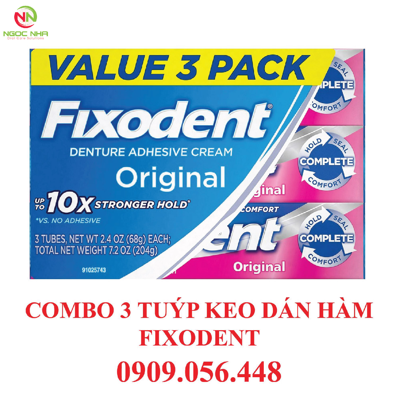 Combo 3 tuýp Keo dán hàm răng giả hàm tháo lắp Fixodent 68g hàng chính hãng/ Fixodent Denture Adhesive