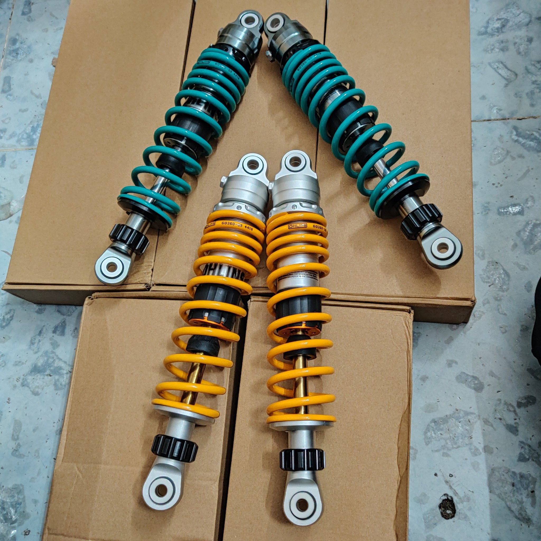 Phuộc nhún sau Ohlins không bình dầu ( CHỈ CÓ MÀU NITRON ) gắn cho các xe Wave Dream Axelo Ellegant Cub 330mm BLade ...