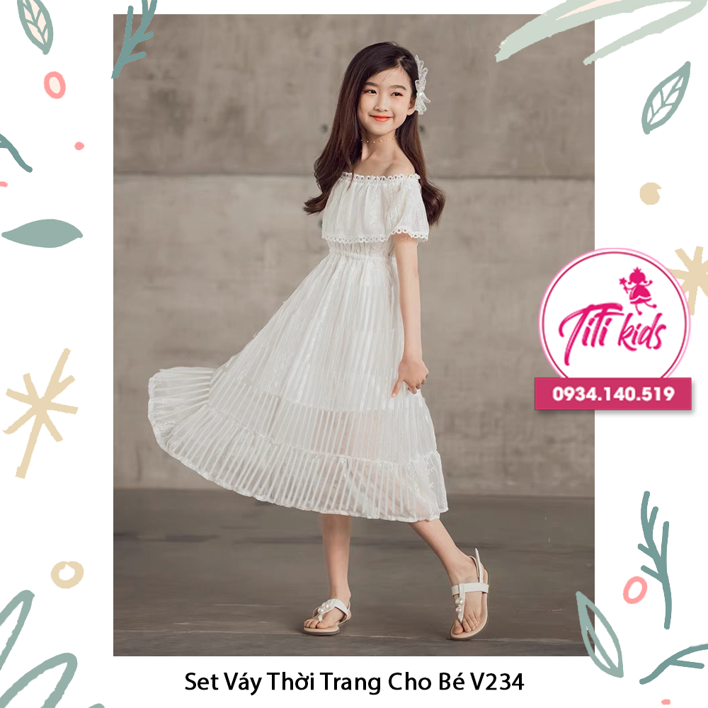 Váy đầm cho bé gái trắng ren dài trễ vai Titikids - V234