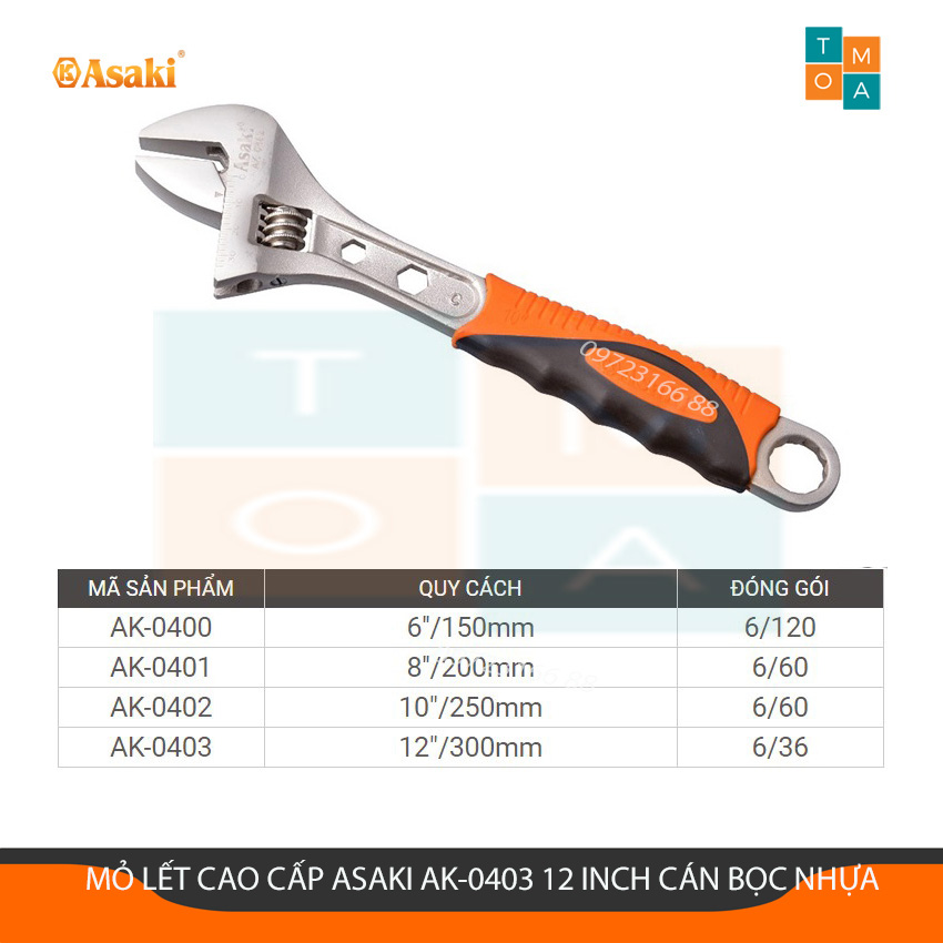 Mỏ Lết Đa Năng Cao Cấp Asaki AK-0403 12 Inch/300mm, Cán Bọc Nhựa PVC Chống Trượt
