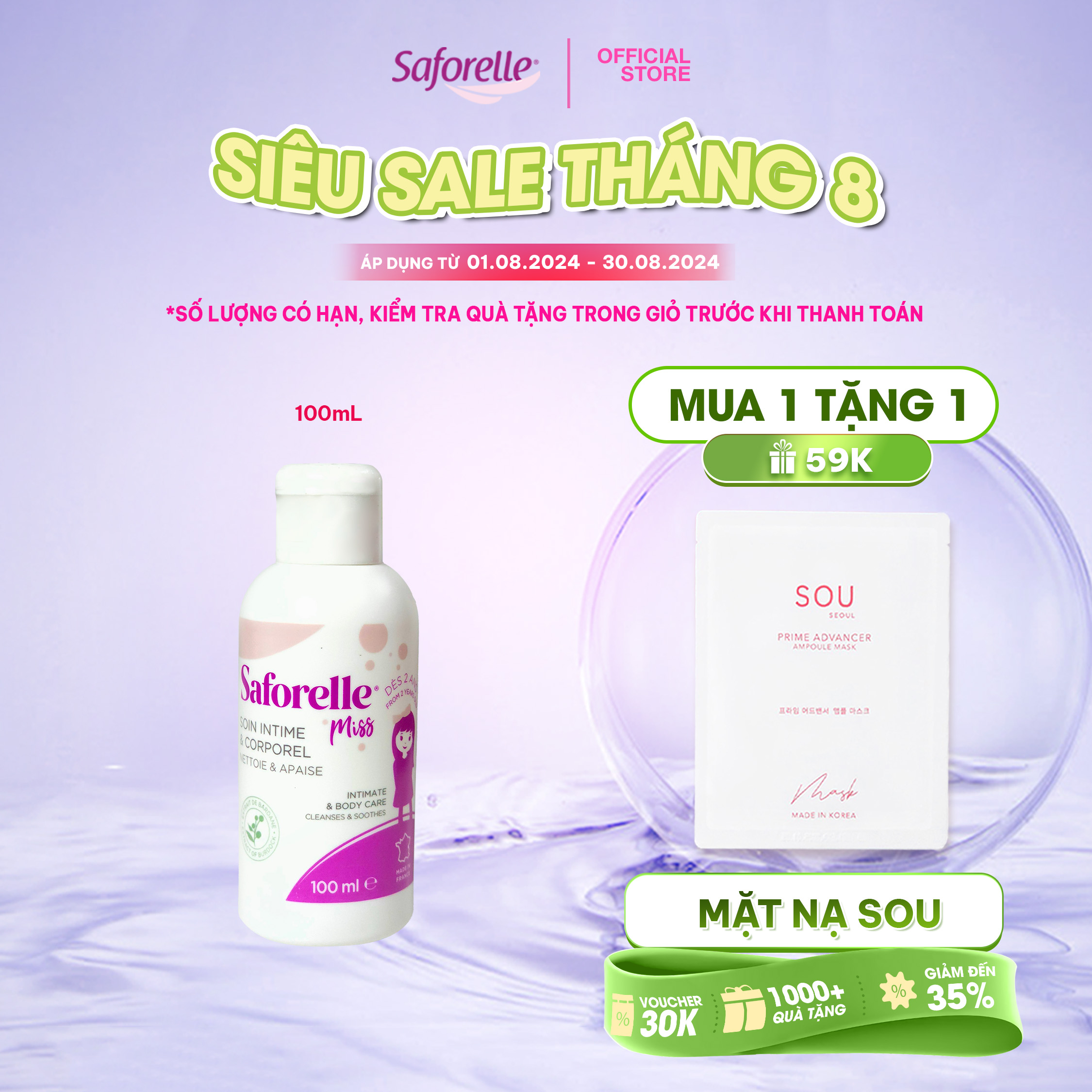 Dung dịch vệ sinh bé gái Saforelle Miss cao cấp giúp làm sạch và dưỡng ẩm vùng da nhạy cảm của bé 100ml