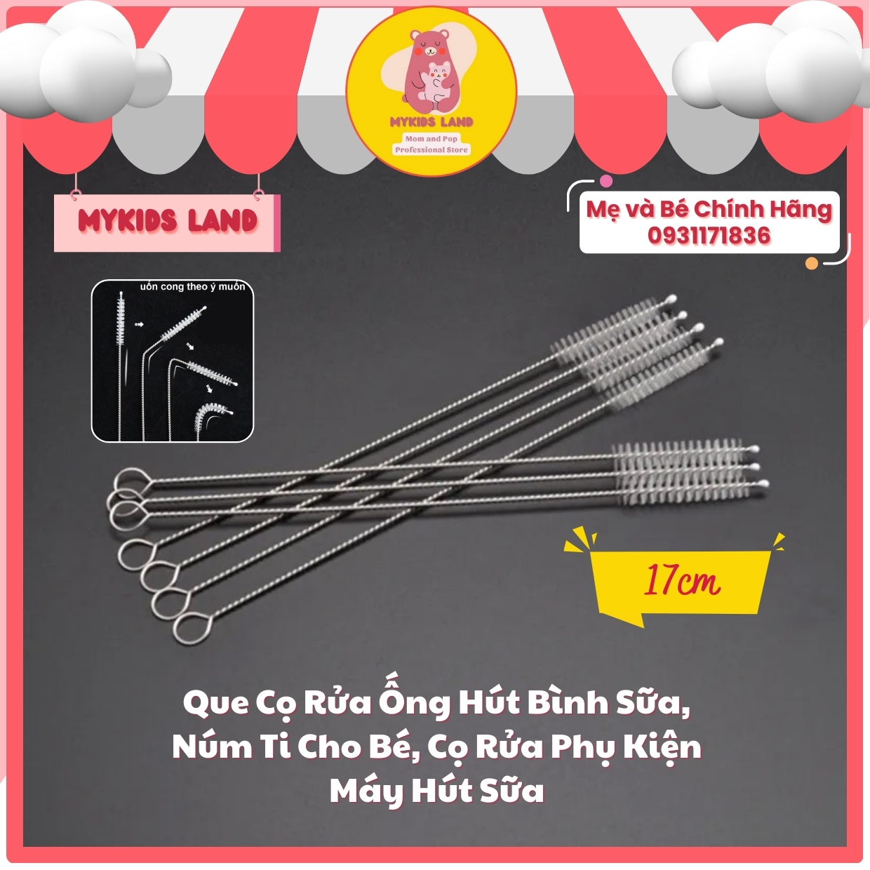 Que cọ rửa ống hút bình sữa, núm ti cho bé, cọ rửa phụ kiện máy hút sữa khẩu độ nhỏ 17cm