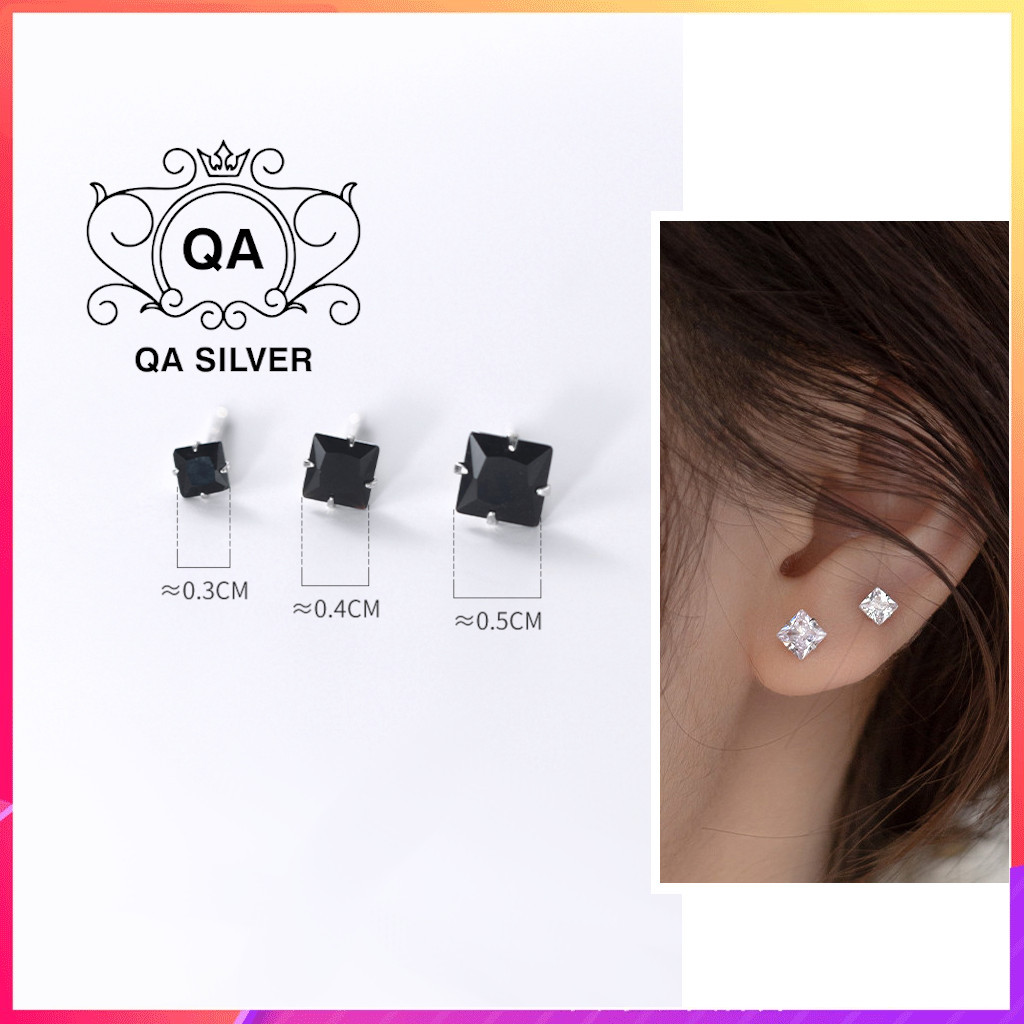 Bông tai bạc 925 vuông đôi khuyên nam nữ hình học mặt đá đen trắng S925 SQUARE QA SILVER Earrings EA230409