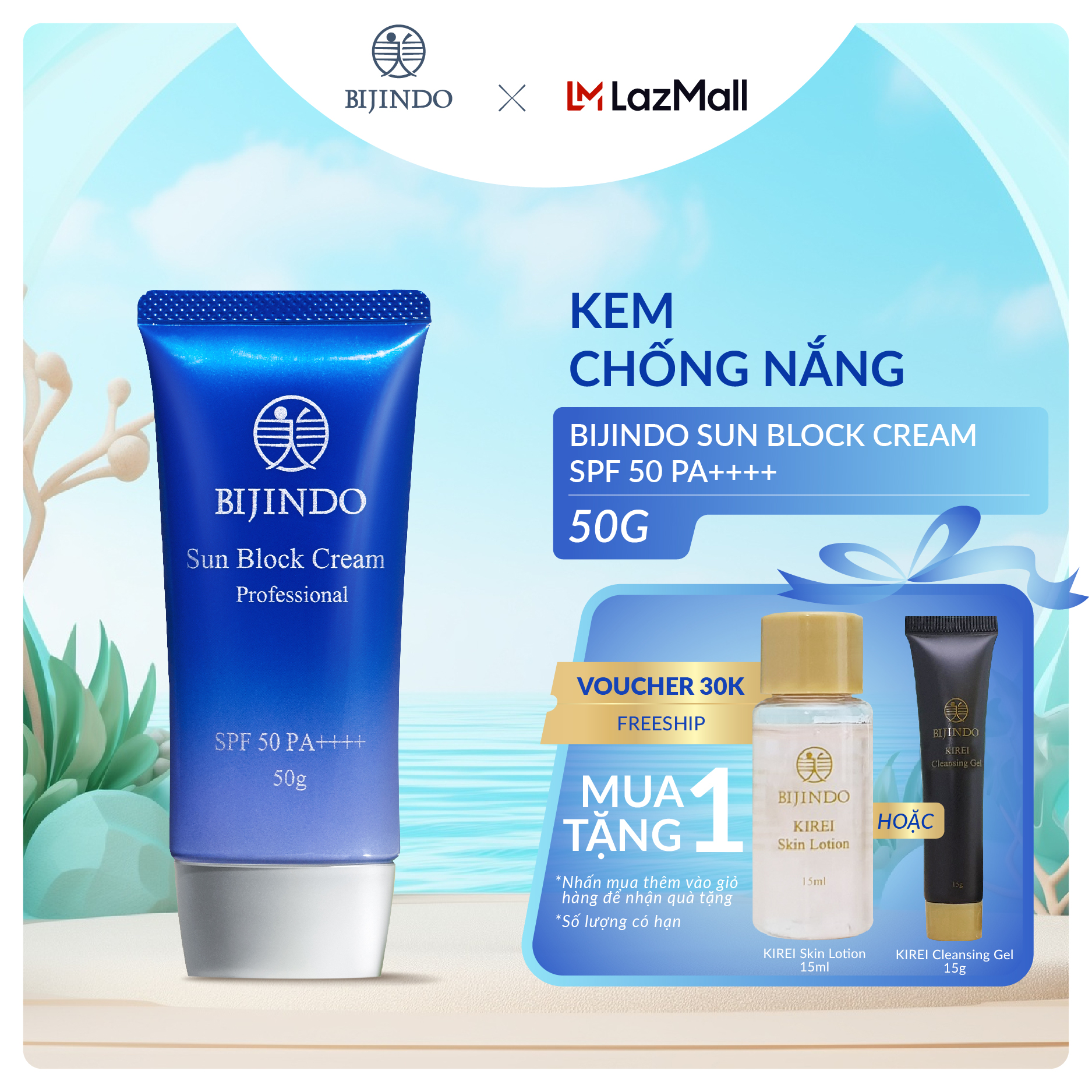 Kem chống nắng BIJINDO Sun Block Cream chính hãng, SPF 50, PA ++, giúp kiểm soát bã nhờn, không nhờn