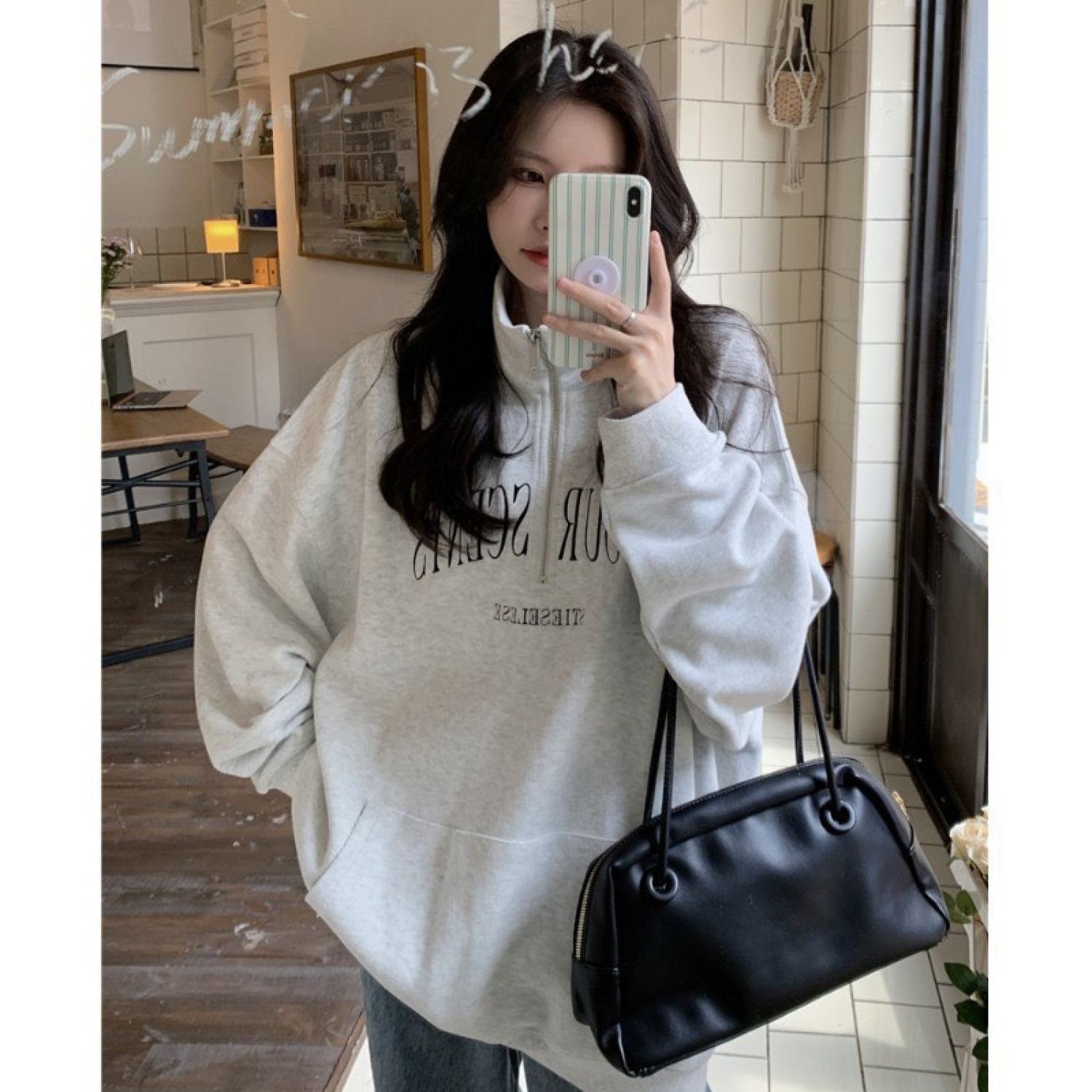 Áo Polo chất bo tăm Phối Khóa Cổ A073 Sweater form rộng tay bồng xám đen phối chữ vintage hàn quốc