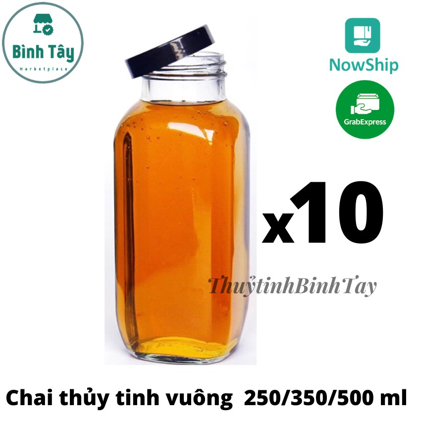 Chai thủy tinh vuông nắp nhựa đen 250ml 350ml 500ml thủy tinh bình tây chai đựng sữa nước trái cây BT-CV10
