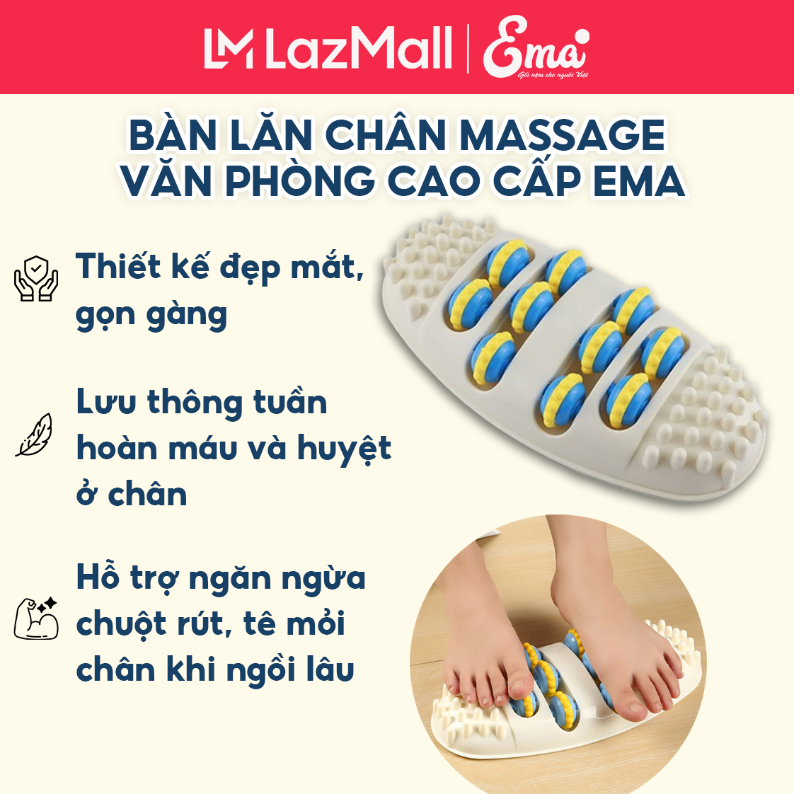 Bàn lăn chân massage Ema thiết kế con lăn 3D và gai massage nổi giúp bấm huyệt thư giãn lòng bàn chân tăng cường sức khỏe