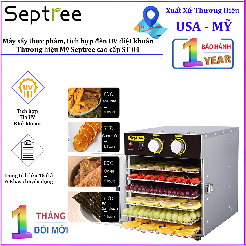Máy sấy thực phẩm tích hợp đèn UV diệt khuẩn, thương hiệu Mỹ Septree cao cấp ST-04