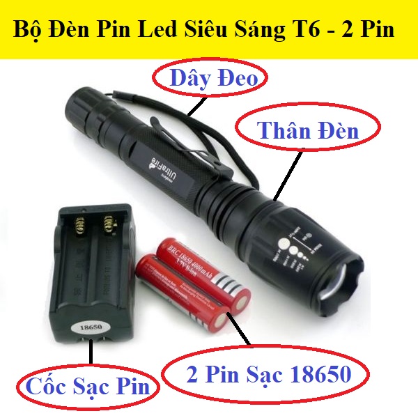 Đèn Pin Siêu Sáng T6 Bóng Led 2 Pin, Vỏ Bằng Hợp Kim Nhôm Siêu Bền, Độ Sáng Cao, Chống Nước Nhẹ, 5 Chế Độ Sáng Vô Cùng Tiện Lợi, Nhỏ Gọn Dễ Dàng Cầm Nắm Và Mang Theo