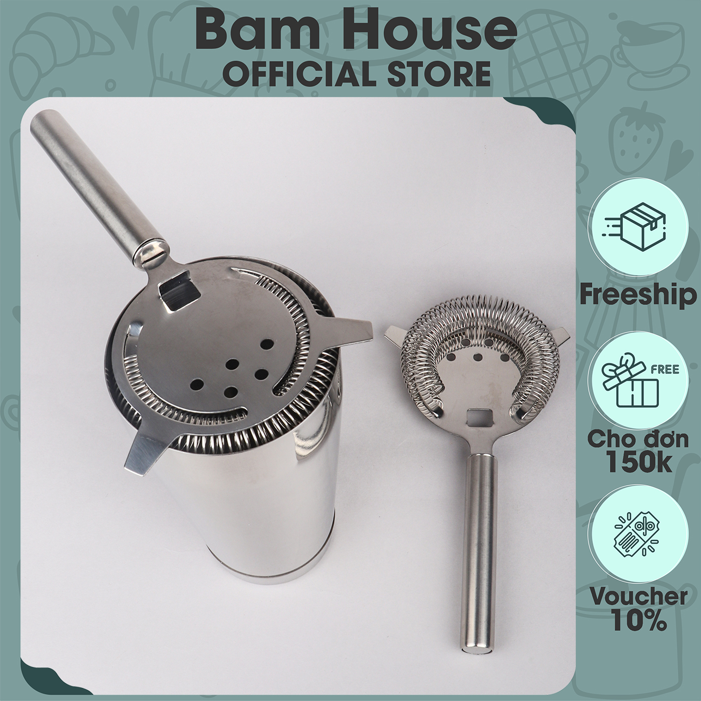 Dụng cụ lọc ngăn đá Strainer Bam House inox sáng bóng lò xò tháo rời cao cấp DS01