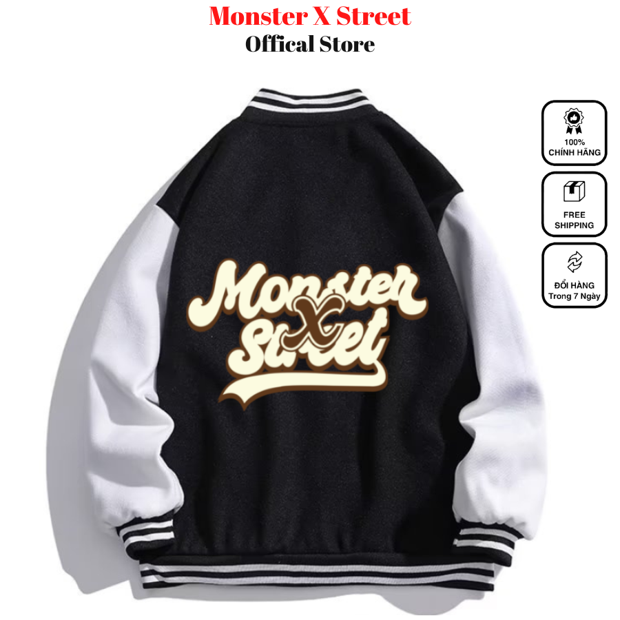 Áo Khoác Varsity Jacket đen Bowling Monster X Street bomber bóng chày basic nam nữ form rộng Local Brand
