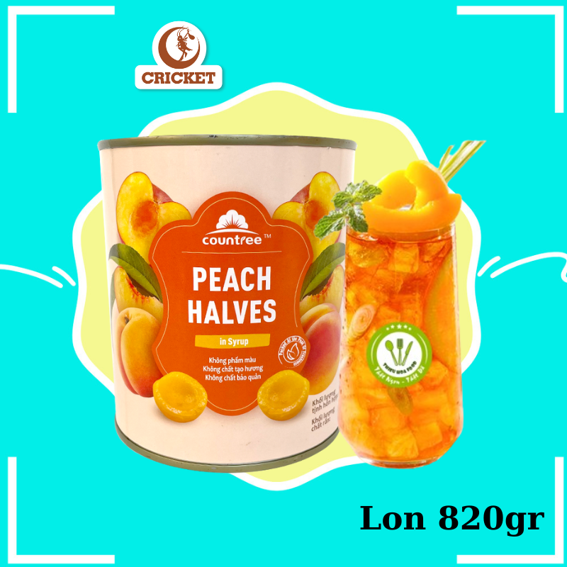 Đào ngâm Countree - Lon 820g Miếng Đào tươi giòn ngọt - Topping Trà Đào, Trà Trái Cây-Nguyên Liệu Trà Sữa CRICKET