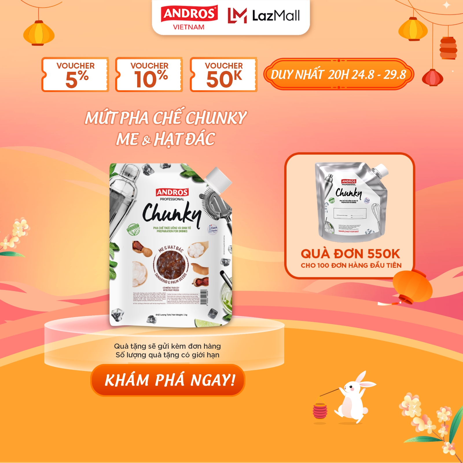 Mứt trái cây pha chế me & hạt đác - có miếng trái cây thật - nguyên liệu pha chế - andros chunky - 1kg