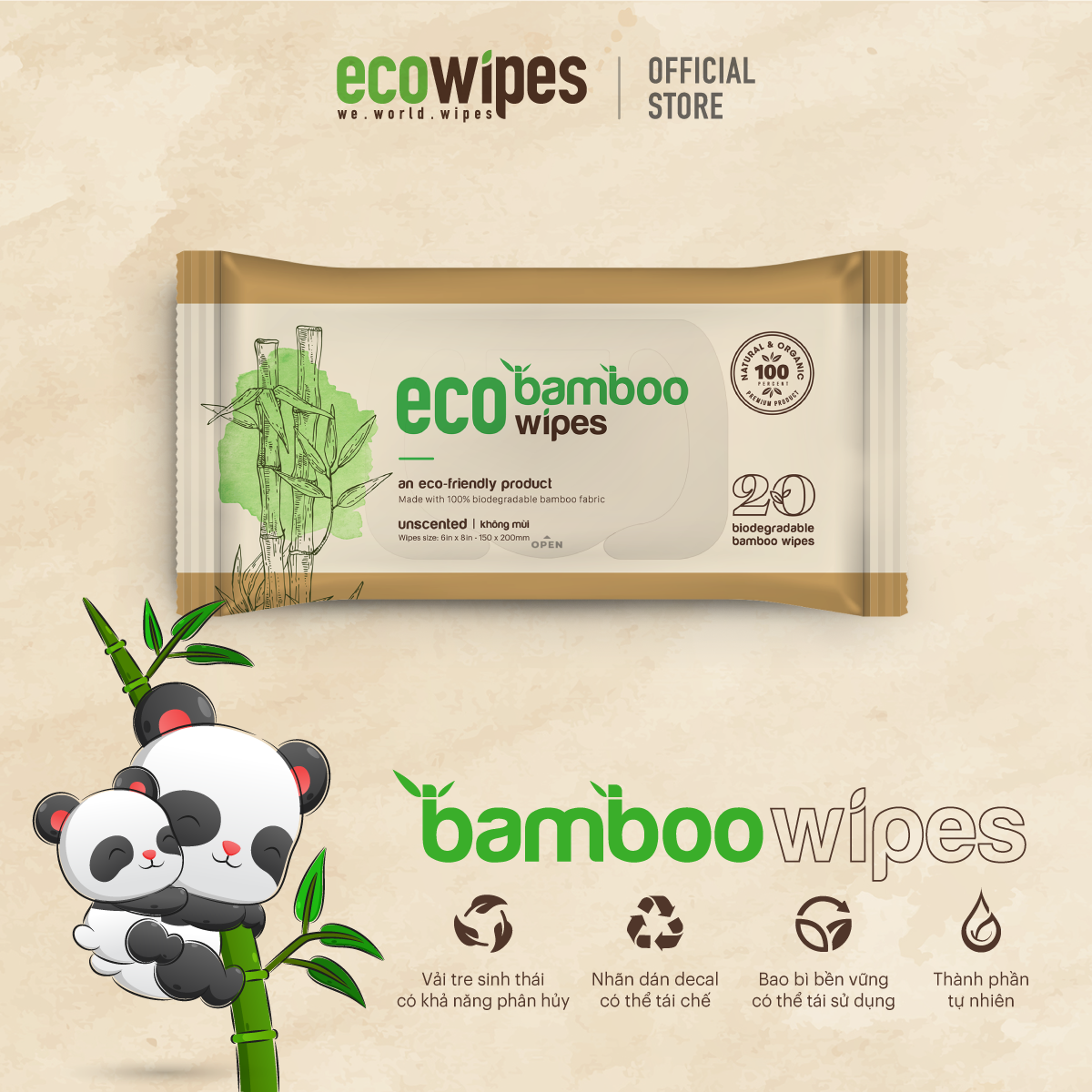 Khăn giấy ướt EcoBamboo gói 20 tờ 100% làm từ vải than tre không chứa các