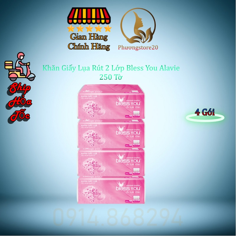 Combo 4 Gói Có Mã QR - Khăn Giấy Lụa Rút 2 Lớp Bless You Gói 250 Tờ